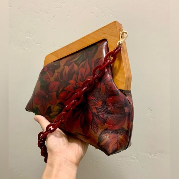 Handmade Genuine Premium Leather Floral Print Wooden Frame Bag with 2 Straps - Picture 4 of 16